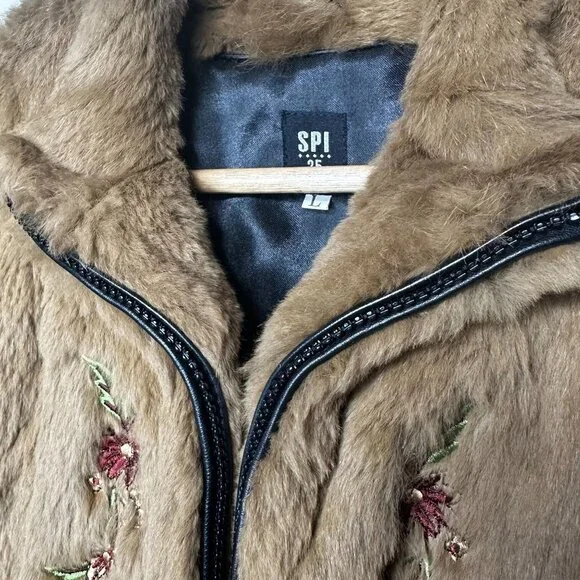 VTG SPI 25 Natural Lapin Rabbit Fur Vest L Double Zip Boho Cottagecore Layering